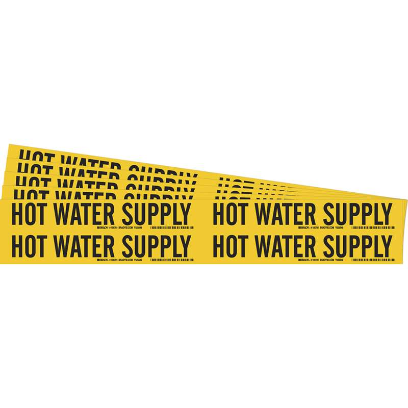 HOT WATER SUPPLY Pipe Marker Style 4 Polyester Black on Yellow 4 per Card, 5 PK